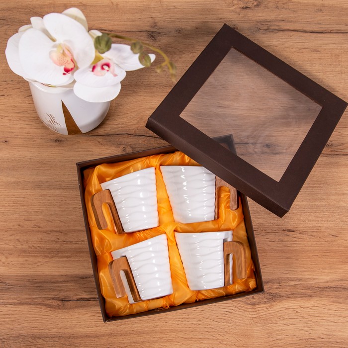 Set ceai, GS, Portelan/Bambus, 200ml, Alb/Maro, 4 piese