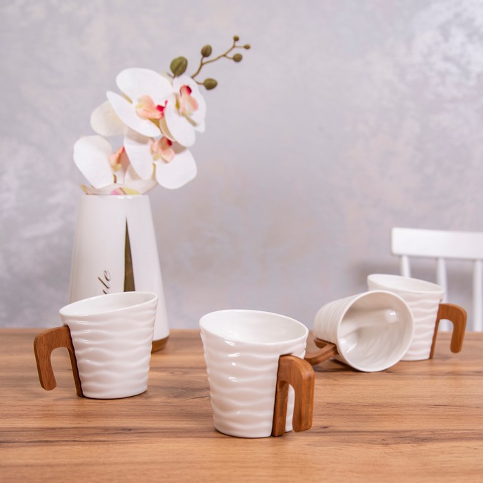 Set ceai, GS, Portelan/Bambus, 200ml, Alb/Maro, 4 piese