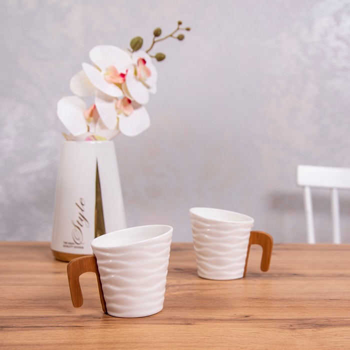 Set ceai, GS, Portelan/Bambus, 200ml, Alb/Maro, 4 piese