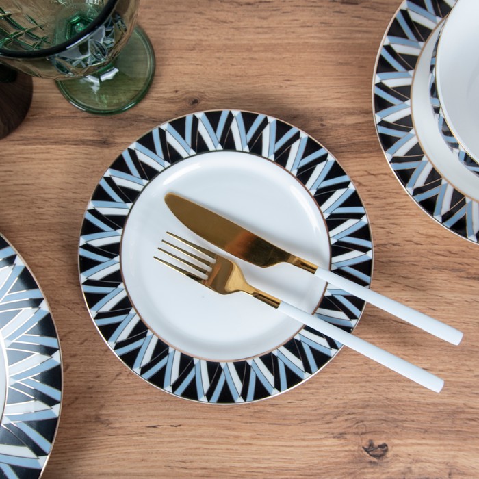 Farfurie, BACCHARIS, Portelan, Plata, 19cm, Alb/Albastru/Negru, Cu imprimeu, Rotunda, Farfurie plata