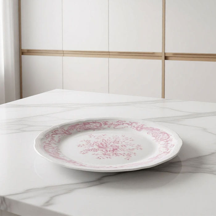 Farfurie plata, GS, 20.3cm, Alb/Roz, Cu imprimeu, Ceramica, Rotunda, Farfurie plata