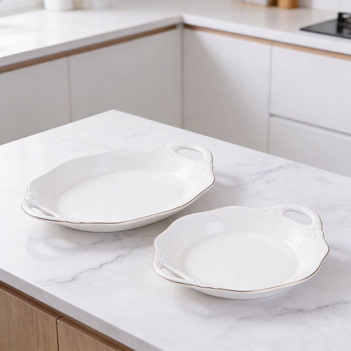 Set 2 platters, GS, Ceramics, 2 pieces, 26.7 cm, 31.7 cm, White, Handles, Set of platter
