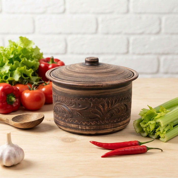 Горшок для печи, ORIENS, Argila, Ангоб, 1.8 Л, С крышкой, Коричневый, Резка