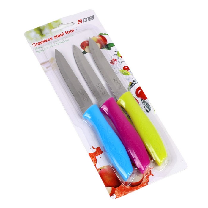 Set cutite, TUOMEI, Otel Inoxidabil, 3 piese, Maner Plastic, Diverse Culori, Blister