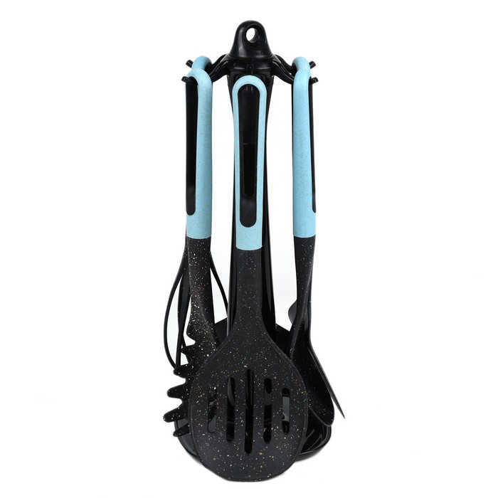 Set ustensile bucatarie, YI GUAN, Plastic, 7 piese, Maner Silicon, Negru/Albastru