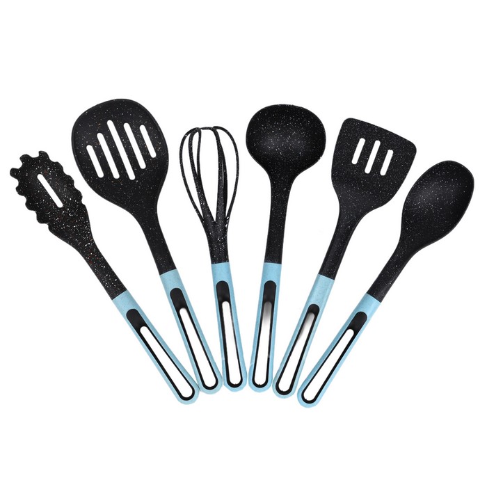 Set ustensile bucatarie, YI GUAN, Plastic, 7 piese, Maner Silicon, Negru/Albastru