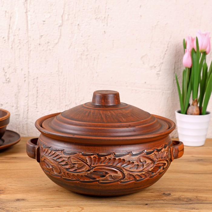 Oala cuptor, ORIENS, Argila, 3.5 L, Decor, Cu capac, Cu 2 manere, Gravura, Maro