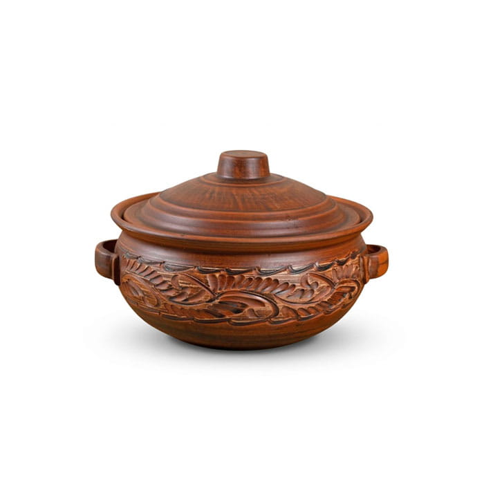 Oala cuptor, ORIENS, Argila, 3.5 L, Decor, Cu capac, Cu 2 manere, Gravura, Maro