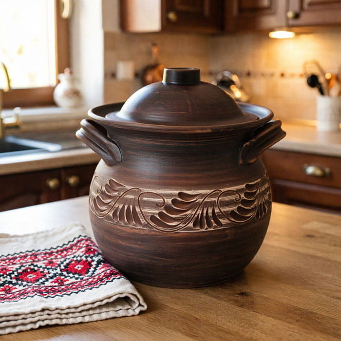 Кастрюля для печи, ORIENS, Argila, 5 л, Ангоб, Резка, С крышкой, С 2 ручками, Матовый, Коричневый