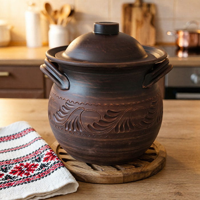 Кастрюля для печи, ORIENS, Argila, 5 л, С крышкой, С 2 ручками, Резка, Коричневый, Матовый