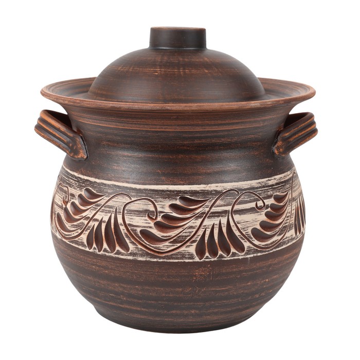 Oala cuptor, ORIENS, Argila, 5L, Cu capac, Cu 2 manere, Gravura, Maro