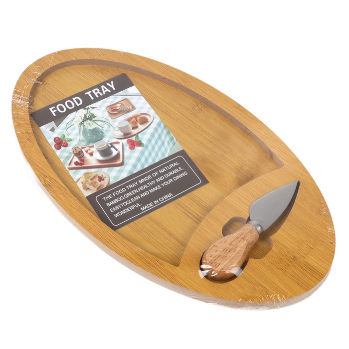 Tocator, FOOD TRAY, Bambus/Otel inoxidabil, 33 cm, 19 cm, 1.2 cm, Ovala, cu ustensile