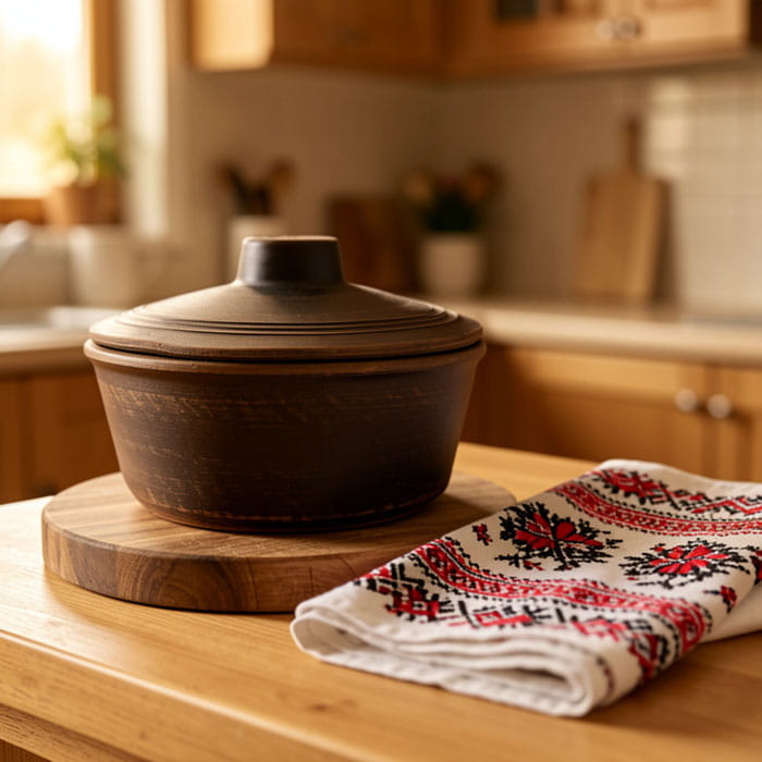 Oala cuptor, ORIENS, Argila, 900 ml, Cu capac, Maro