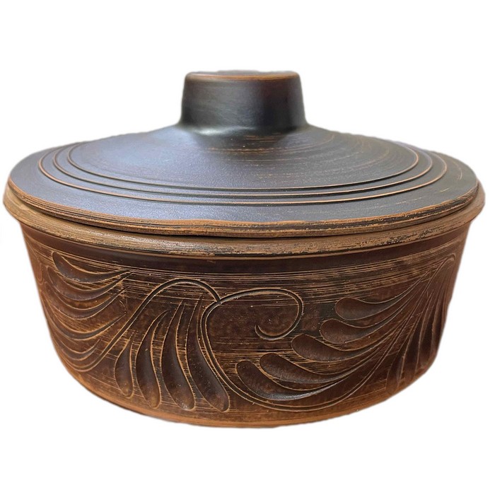 Oala cuptor, ORIENS, Argila, 900 ml, Decor, Gravura, Cu capac, Maro