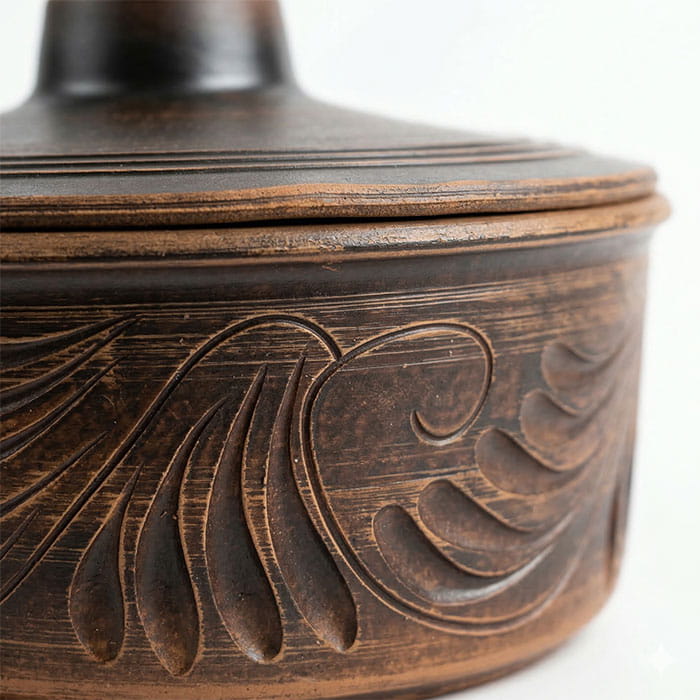 Oala cuptor, ORIENS, Argila, 900 ml, Decor, Gravura, Cu capac, Maro