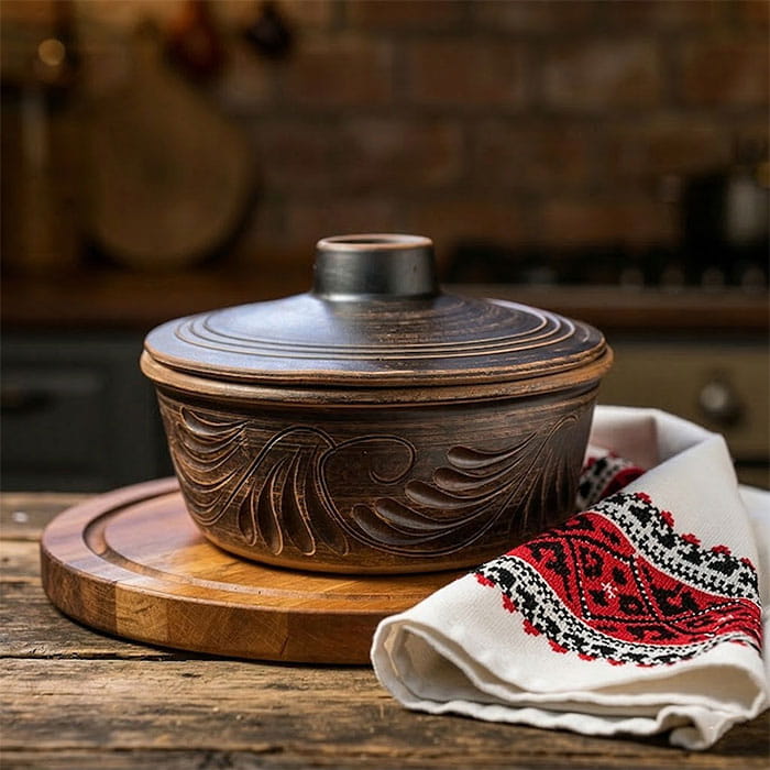 Oala cuptor, ORIENS, Argila, 900 ml, Decor, Gravura, Cu capac, Maro