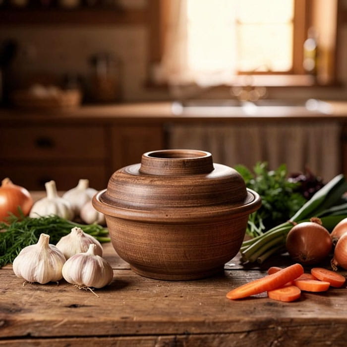 Oala cuptor, ORIENS, Argila, 600 ml, Cu capac, Cu 2 manere, Maro