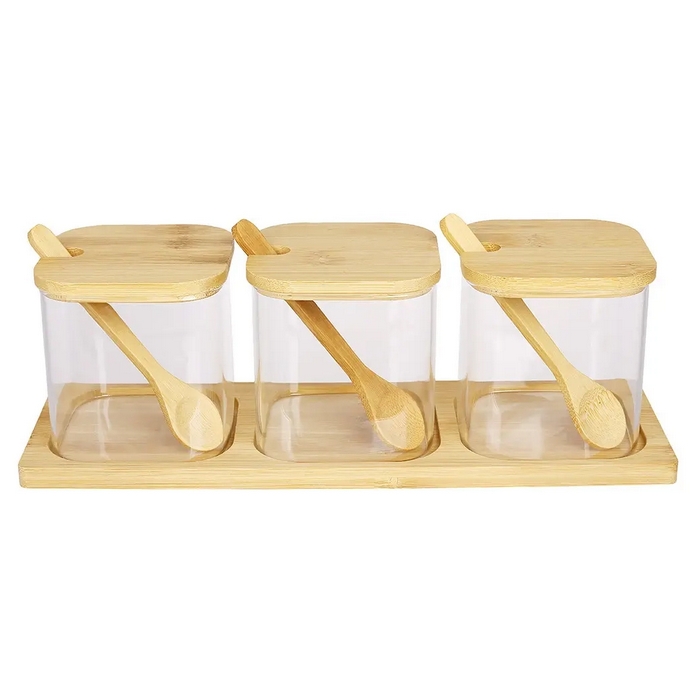 Set recipiente condimente, GS, Sticla/Bambus, 3 piese
