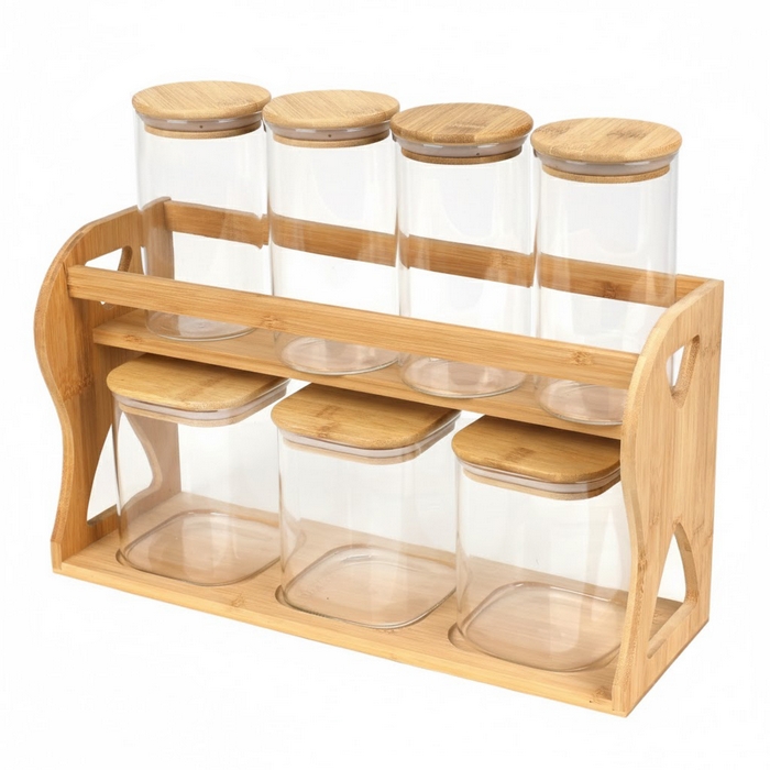 Condiment container set, GS, Glass/Bamboo, 8 pieces