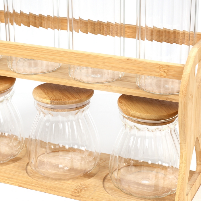Set recipiente condimente, GS, Sticla/Bambus, 8 piese