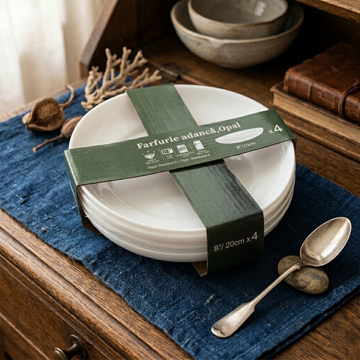 Set farfurie adanca, ROCKOPAL, Opal, 559 ml, 4 piese, 20 cm, Alb, Streams, Rotunda, Farfurie adanca