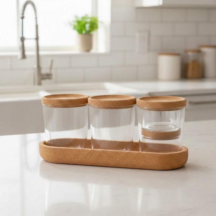 Condiment container set, GS, Glass/Bamboo, 400 ml, 150 ml, 4 pcs