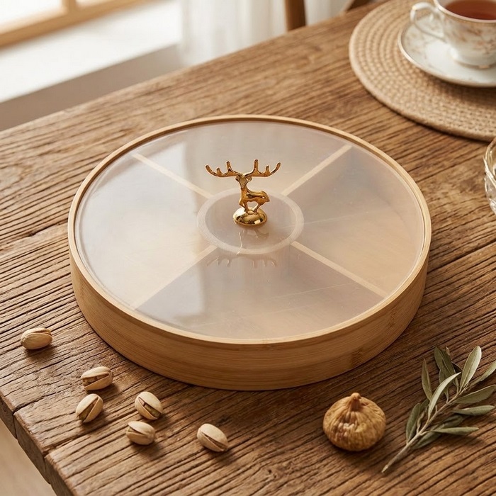 Tava servire, GS, Bambus, 4 compartimente, Cu capac