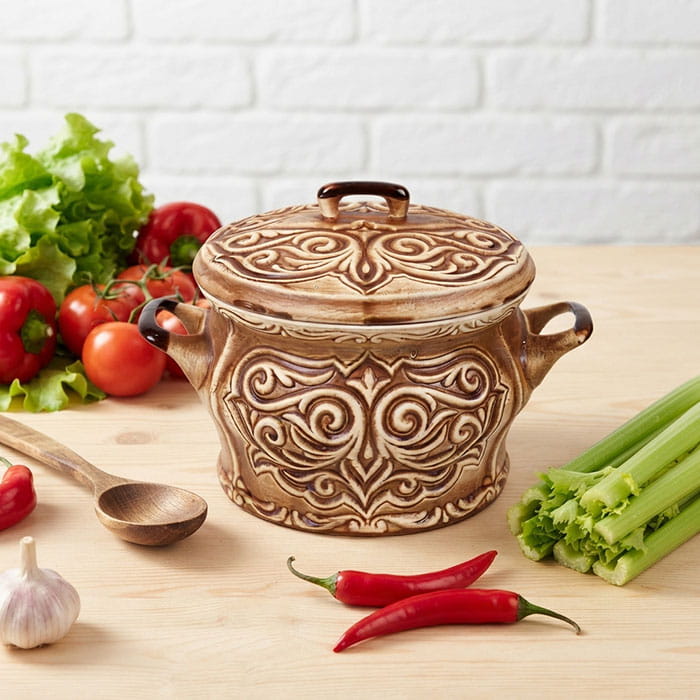 Горшок для печи, ORIENS, Керамика, С крышкой, Коричневый, С 2 ручками